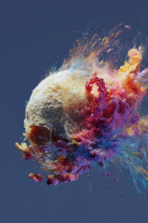 An abstract explosion of colorful powder erupting from a white, textured sphereの素材