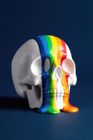 White skull with rainbow paint dripping down its face against a dark blue backdropの素材