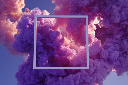 A white square frames vibrant purple and pink smoke against a bright blue skyの素材