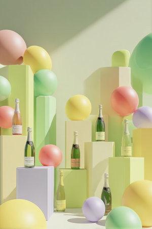 Pastel bottles arranged on geometric blocks with spheres in a light-filled studioの素材