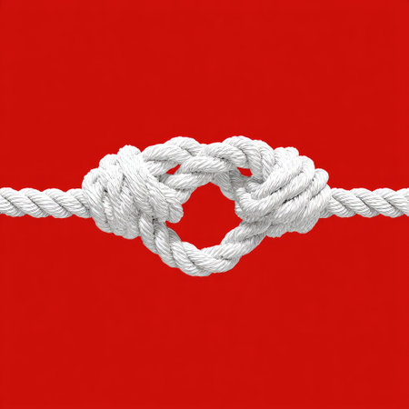 White rope tied in a heart knot, centered against a solid red backgroundの素材