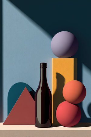 Geometric shapes &amp; bottle composition in vibrant colors with light &amp; shadow playの素材