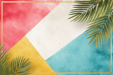 Geometric abstract design with watercolor blocks, gold frame, &amp; palm leavesの素材