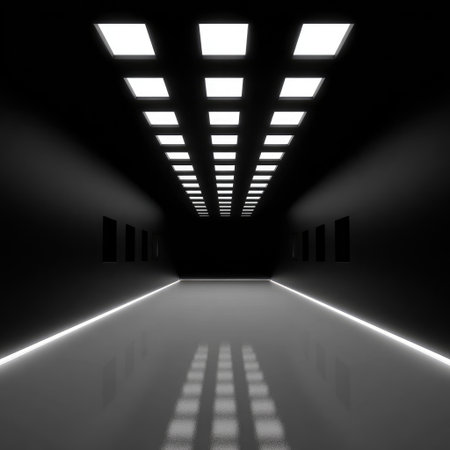 Long, dark, minimalist corridor with bright ceiling lights, reflective floor, and shadowed wallsの素材