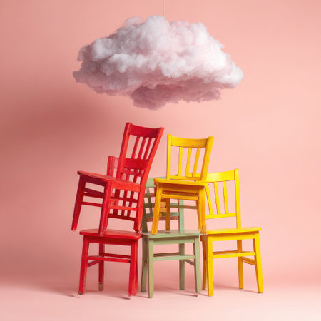 Stacked, colorful wooden chairs beneath a fluffy pink cloud against a solid pink backgroundの素材