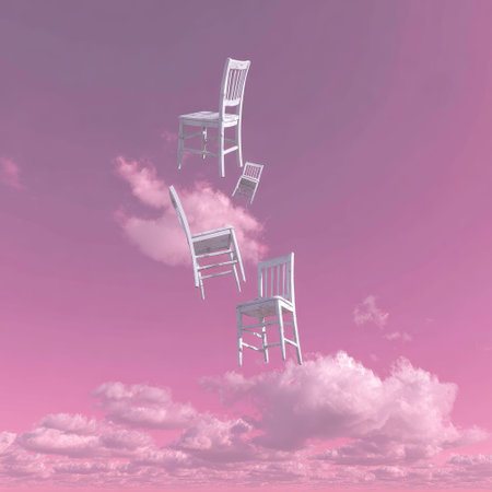 White chairs float against a pink and cloudy sky. Surreal and whimsicalの素材