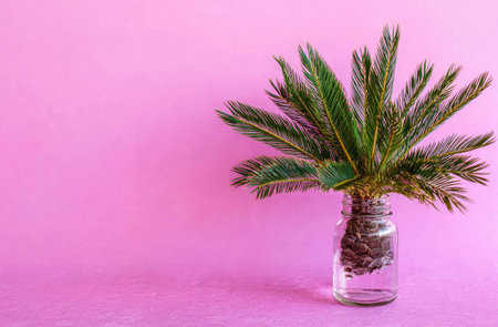 Green palm fronds in a glass jar, against a vibrant pink background, minimal floral arrangementの素材