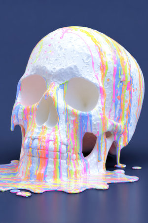 A white skull with vibrant, dripping paint against a dark background, artistic and surrealの素材