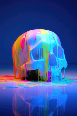 A glossy white skull is melting with vibrant, multicolored liquid paint against a blue backgroundの素材