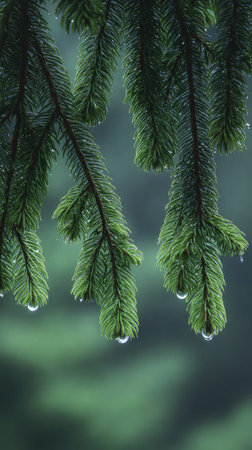 Close-up of wet evergreen branches with water droplets, blurred green forest backgroundの素材