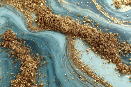 Abstract close-up of swirling blue and gold textures, resembling a flowing liquid with glitterの素材