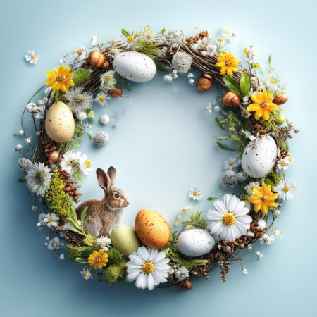 A circular Easter wreath adorned with flowers, eggs, a bunny, and a light blue backgroundの素材