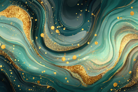 Elegant fluid art with flowing teal and gold swirls, speckled with shimmering accentsの素材