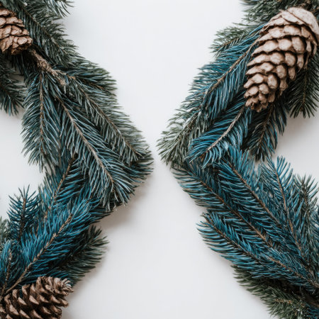 Overhead view of fir branches with pinecones forming a festive, symmetrical designの素材