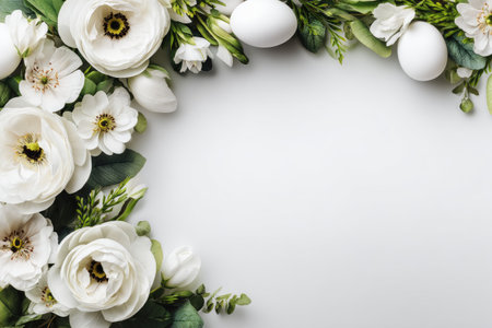 A floral Easter arrangement with white ranunculus, greenery, and eggs against a white backgroundの素材