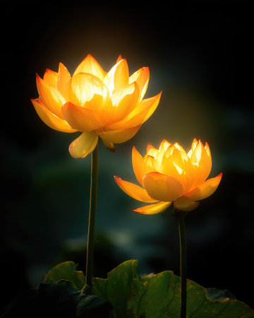 Two radiant lotus flowers glow against a dark background, petals edged in orangeの素材