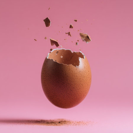 Close-up shows a brown eggshell exploding against a pink background with fragmentsの素材