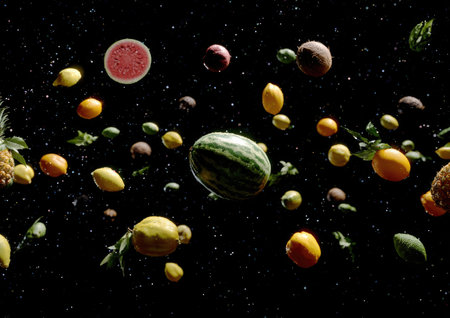 Vibrant fruits and leaves float in a black void, creating a dynamic and artistic compositionの素材