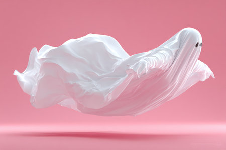 White sheet-like ghost with black eye holes floats against a vibrant pink backgroundの素材