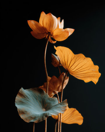 Golden-hued lotus flower with leaves against a deep black background, elegant and sereneの素材