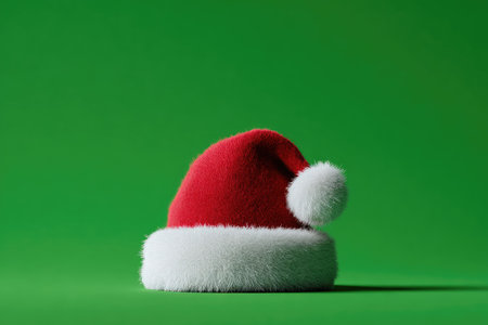 A classic red Santa hat with white trim and pom-pom sits against a vibrant green backdropの素材