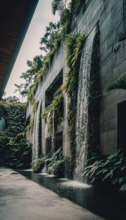 A modern building facade featuring cascading waterfalls and lush, vibrant greeneryの素材