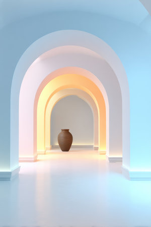 Interior perspective of arched passageway with ceramic vessel, gradients of colorの素材