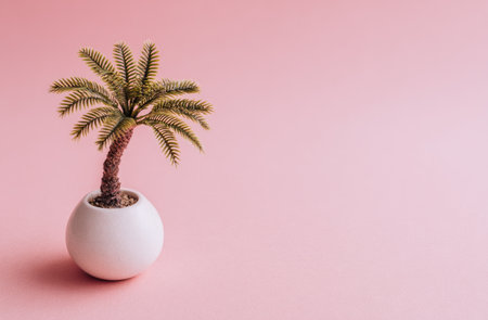 Artificial palm tree in white pot centered on a pink backdrop; minimalistic and sereneの素材
