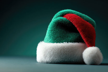 A close-up of a fluffy green and red elf hat on a teal backgroundの素材
