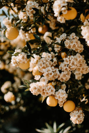 A lush tree abundant with round, yellow fruit and clusters of cream-colored blossomsの素材