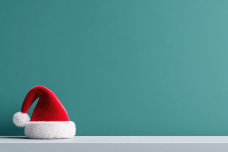 A festive red and white hat rests on a shelf against a teal backdrop, holiday-themedの素材
