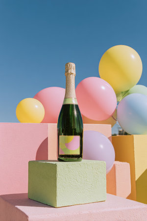 Champagne bottle on pastels and geometric shapes with balloons against bright blue skyの素材