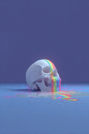 White skull with rainbow-colored liquid cascading down, pooling on a blue surfaceの素材