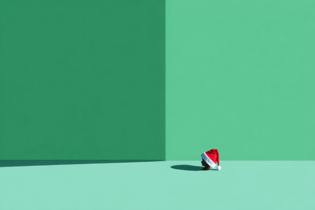 A small Santa hat sits on a flat surface against a two-toned green backdrop with shadowsの素材