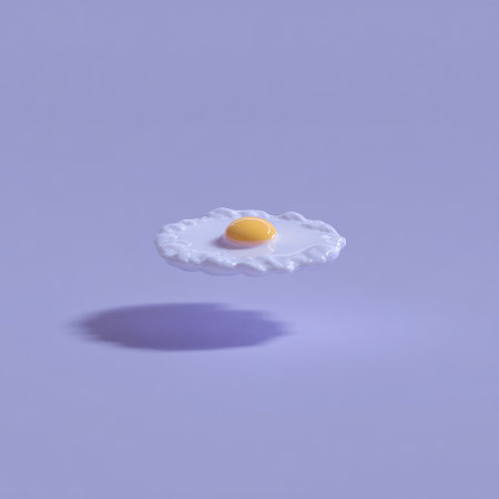 A stylized fried egg floats with a shadow on a solid lavender backgroundの素材