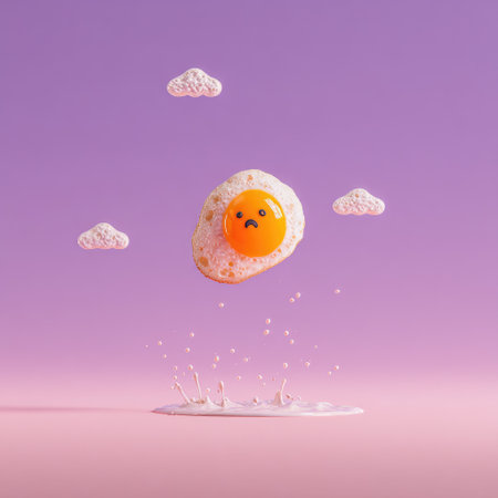 A levitating sad-faced egg above spilled yolk &amp; tiny clouds against purple/pink backgroundの素材
