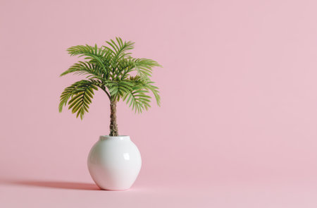 Artificial palm tree in a white vase against a vibrant pink background, minimalist aestheticの素材