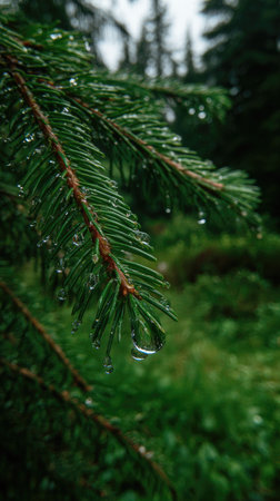Close-up of wet evergreen needles with water droplets; blurred green forest in backgroundの素材