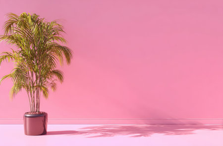 Lush potted plant sits against a minimalist, pastel pink wall, casting shadowsの素材