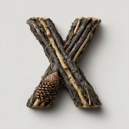 A rustic &quot;X&quot; made of intertwined wood pieces, a pinecone at the baseの素材