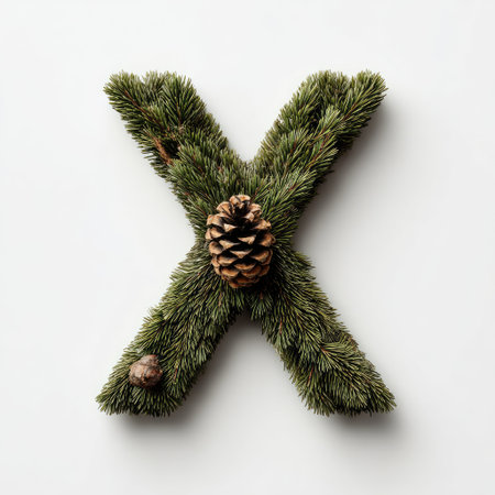 The letter &quot;X&quot; crafted from evergreen branches and decorated with pine conesの素材