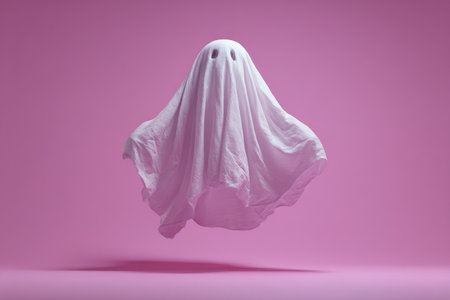A ghostly white figure, sheet-covered, floats against a pink backdrop, casting a shadowの素材