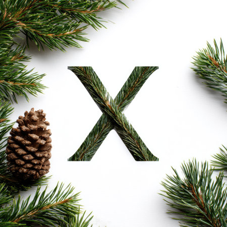 Festive &quot;X&quot; composed of greenery with pinecone, surrounded by fir branches, on whiteの素材