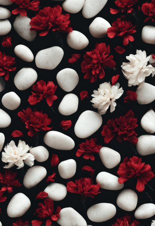 An artistic arrangement of white pebbles, red and white blossoms, and petals on blackの素材