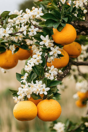 Branch laden with ripe, orange fruit and white blossoms, soft focus backgroundの素材