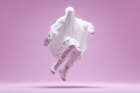Person in white clothing levitates against a pink backdrop; a ghostly, abstract formの素材