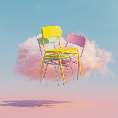 Pastel chairs stacked on a fluffy cloud against a gradient sky backgroundの素材