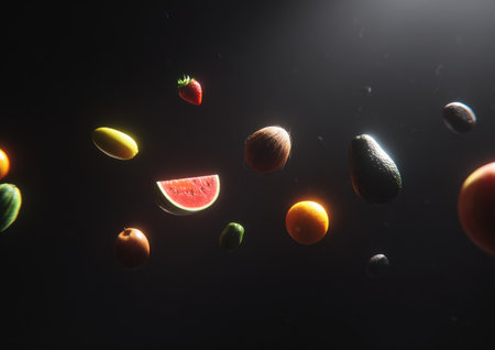 Floating assortment of fresh fruits against a dark backdrop, with illuminated highlightsの素材