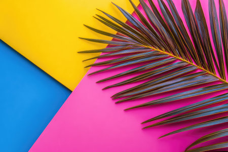 A palm leaf rests on overlapping sheets of yellow, blue, and pink, creating a vibrant geometric compositionの素材