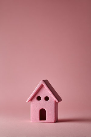 A small pink toy house against a matching pink background, centered with a soft focusの素材